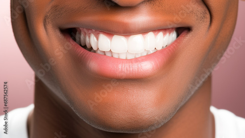 Young african american man with beautiful smile on color background. Teeth whitening.