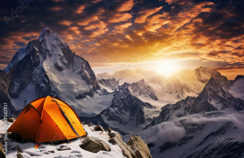 camping tent in the snowy mountain top scene