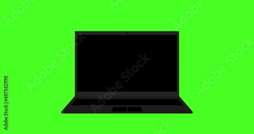 Blank laptop mockup screen with opening lid on green background, 4K animation.