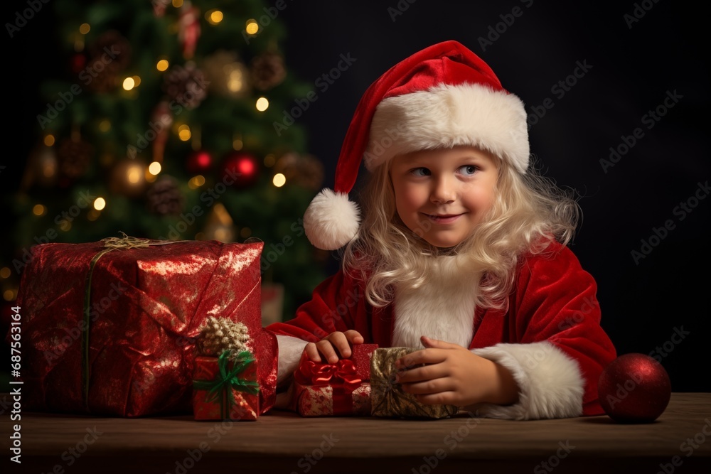 Happy little smiling girl with christmas gift box tree decoration holiday