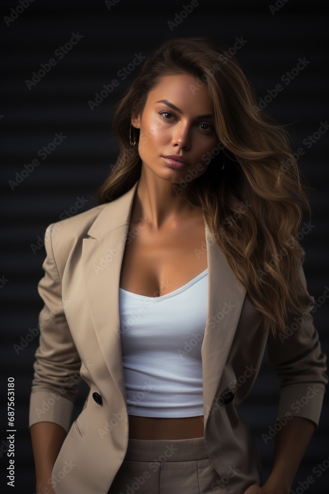 Fototapeta premium Beautiful woman, light brown hair, light brown skin tone, wearing black pants, white blazer, black top, hands in pants pocket.