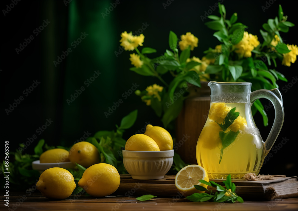 A herbal lemonade, poised in the middle of a dark, serene setting, offering a moment of tranquility. 