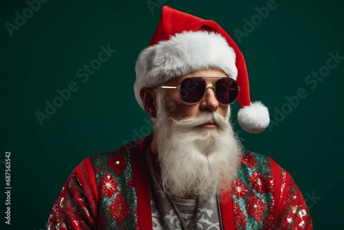Photo of cool confident man dressed white christmas costume dark glasses preparing for party fashionable santa claus isolated green color background
