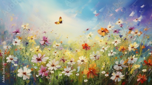 A summer meadow filled with wildflowers and butterflies fluttering in the warm air