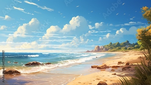 A sun-drenched summer beach scene with golden sands and gentle waves