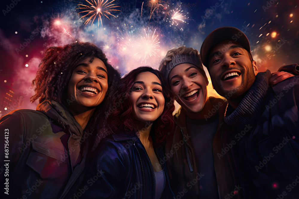 Portrait of happy group of people friends with a fireworks in the background