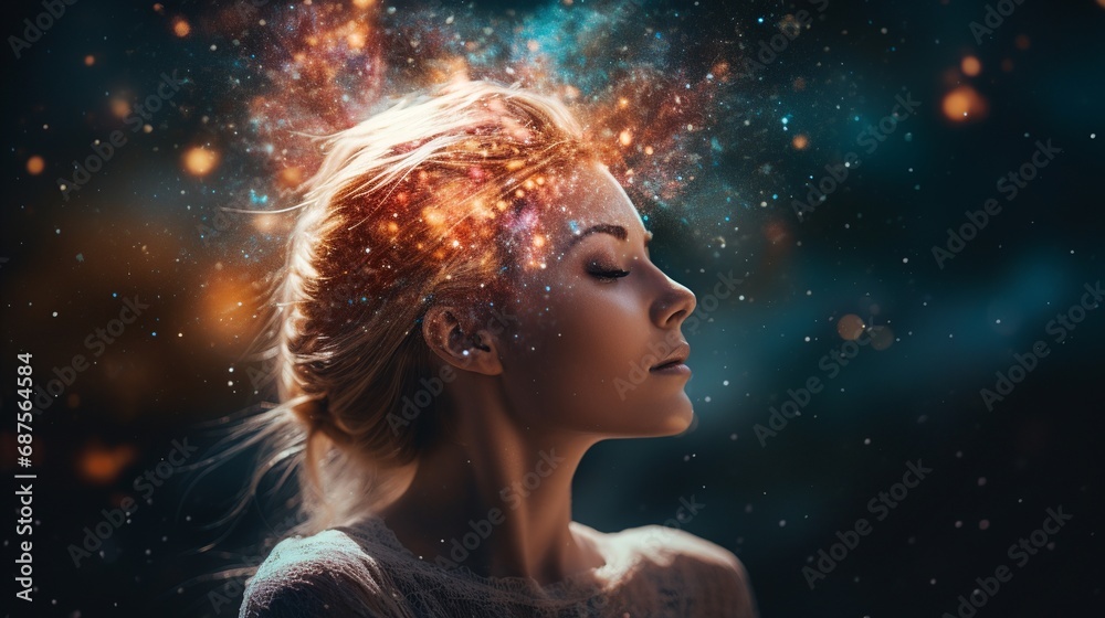 Celestial Tranquility: Serene Meditation Space with Galaxy-Headed Person Emitting Astral Light Celestial Tranquility: Serene Meditation Space with Galaxy-Headed Person Emitting Astral Light