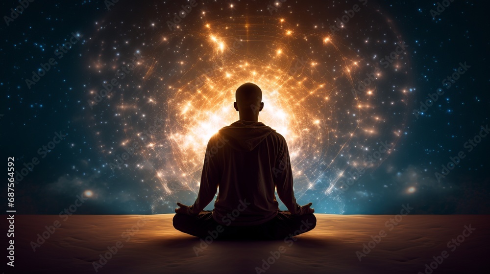 Celestial Tranquility: Serene Meditation Space with Galaxy-Headed Person Emitting Astral Light