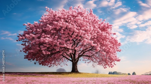 A cherry blossom tree in full bloom against a backdrop of a clear spring sky