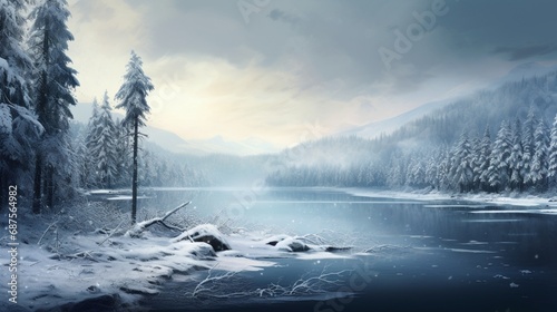 A tranquil winter scene with a frozen lake surrounded by snow-dusted trees