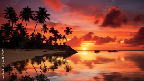 A tropical beach at sunset with palm trees silhouetted against the fiery sky