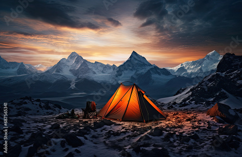 camping tent in the snowy mountain top scene,