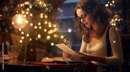 Smiling young woman sitting at a table in a festively decorated café with Christmas lights and reading a book - concept of enjoying the Christmas season