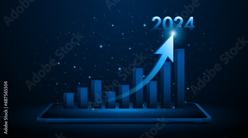 Arrow pointing upwards for future company growth in 2024, set on tablet or smartphone. Stock market chart with rising candles. Ideas for expanding a profitable business or investment