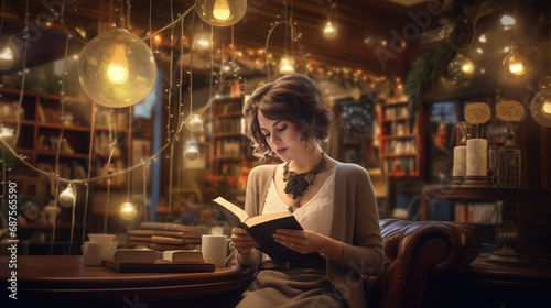 Young elegantly dressed woman sitting in a festively decorated library cafe with Christmas lights and a table lamp, reading a book - concept of enjoying the Christmas season