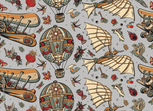 Medieval flying machines. Vintage seamless pattern. Leonardo Da Vinci style. Air balloon, retro airplane. Old school tattoo art