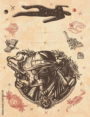 Noir detective vertical background. Portrait police inspector and night city. Old movie style frame. Cover page template