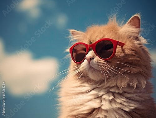 Stylish cat posing in sunglasses. Close portrait of furry kitty in fashion style. Illustration for cover, card, postcard, interior design, banner, poster, brochure or presentation.