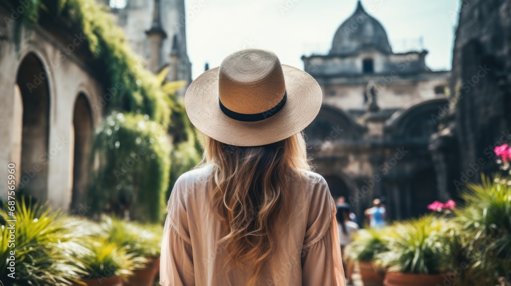 Back view of beautiful fashion woman in straw hat  enjoying city view, summer vacation