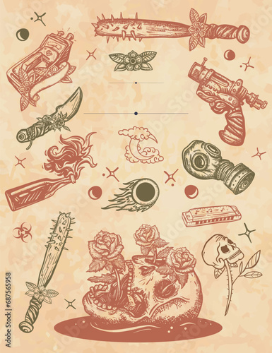 Skulls and roses. Symbol of survival, doomsday, nuclear war. Post apocalyptic vertical background. frame. Old paper vector. Cover page template
