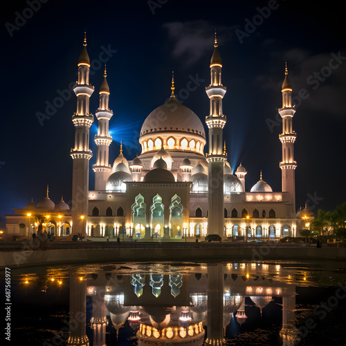 mosque at night with natural lighting from skies with blue light and artificial light from lamp