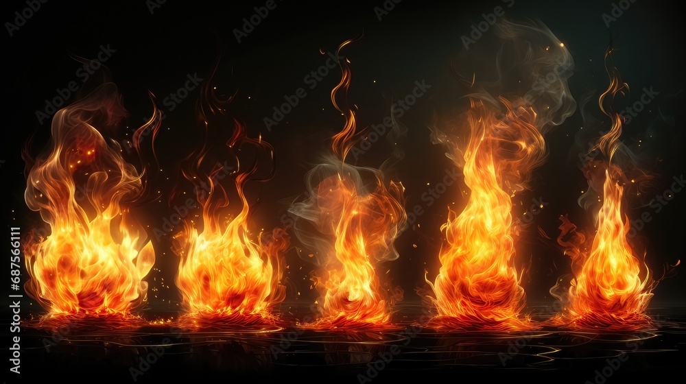 A Stunning Display of Dazzling Flaming Fires and Sparkling Sparks Against a Solid Background
