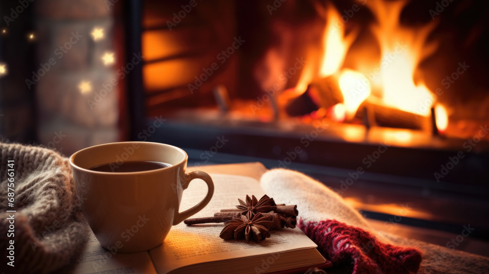 A cup of hot drink and a book against the backdrop of a warm, cozy fireplace with place for text - obrazy, fototapety, plakaty 