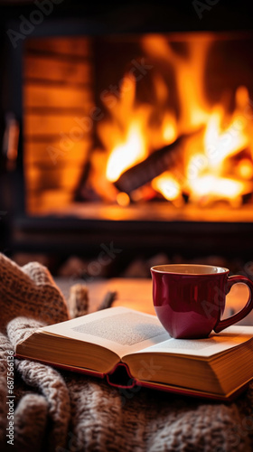 A cup of hot drink and a book against the backdrop of a warm, cozy fireplace with place for text