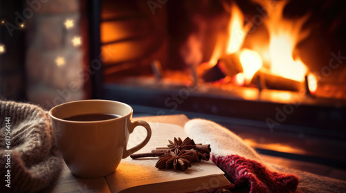 Fotografija A cup of hot drink and a book against the backdrop of a warm, cozy fireplace wit