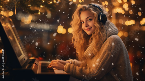 Smiling young woman with a warm scarf in a festively decorated café with Christmas lights, sitting at an electronic piano keyboard and listening to her music - concept of seasonal joy