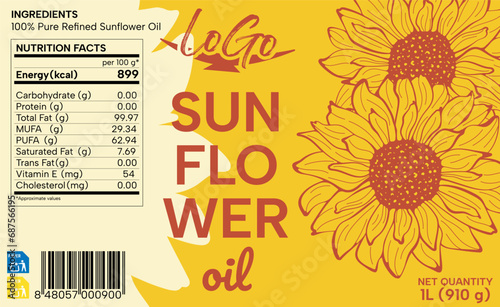 The finished label of sunflower oil on the bottle. Sunflower oil packaging design.