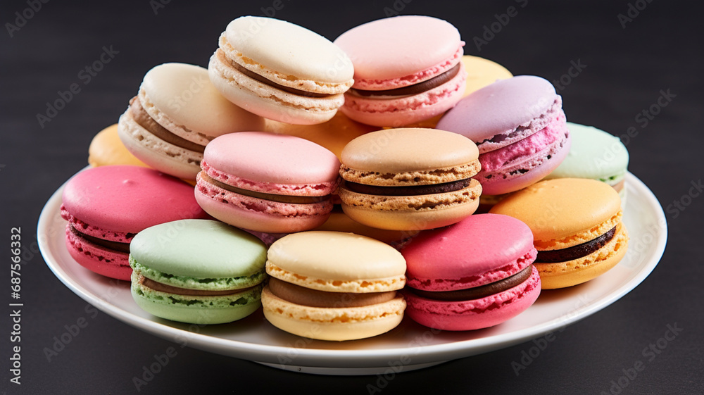 Plate of colorful macarons presented against a clean white background Plate of colorful macarons presented against a clean white background