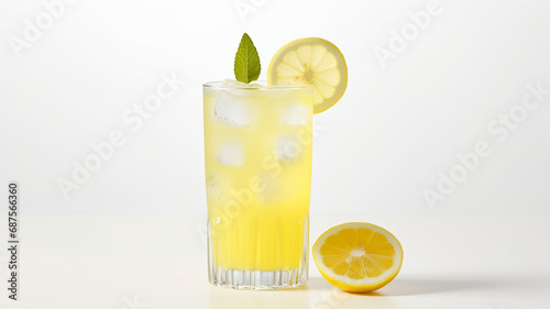 Glass of refreshing lemonade with a lemon slice on the rim against a white background © Inga