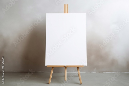 Wooden easel with blank canvas against a beige wall photo