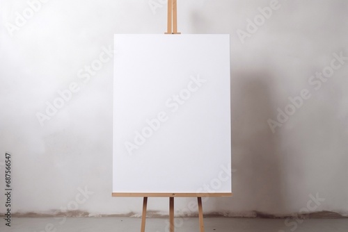 Wooden easel with blank canvas against a beige wall