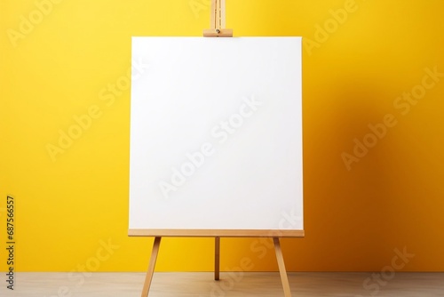 Wooden easel with blank canvas against yellow wall