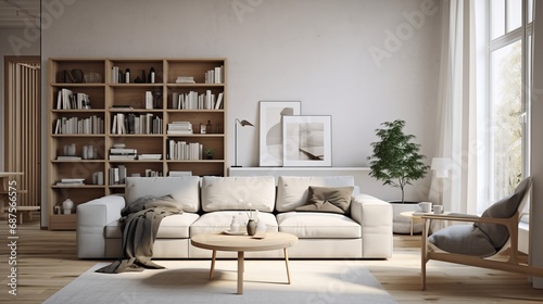 Generative AI image of Scandinavian interior design of modern leaving room © Eitan Baron