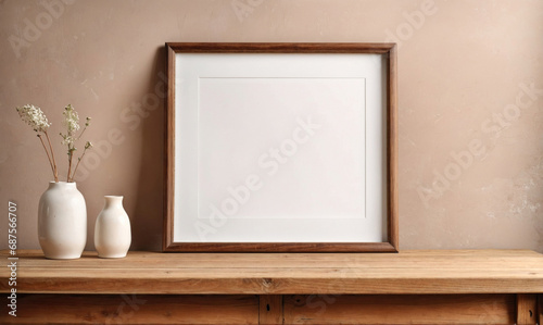 Empty wooden picture frame mockup hanging on beige wall background flowers on table