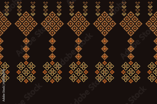 Ethnic geometric fabric pattern Cross Stitch.Ikat embroidery Ethnic oriental Pixel pattern brown background. Abstract,vector,illustration. Texture,clothing,scarf,decoration,carpet,silk wallpaper.
