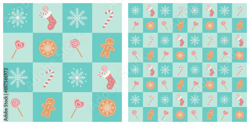 Seamless christmas pattern with candies and gingerbread on mint checkered background