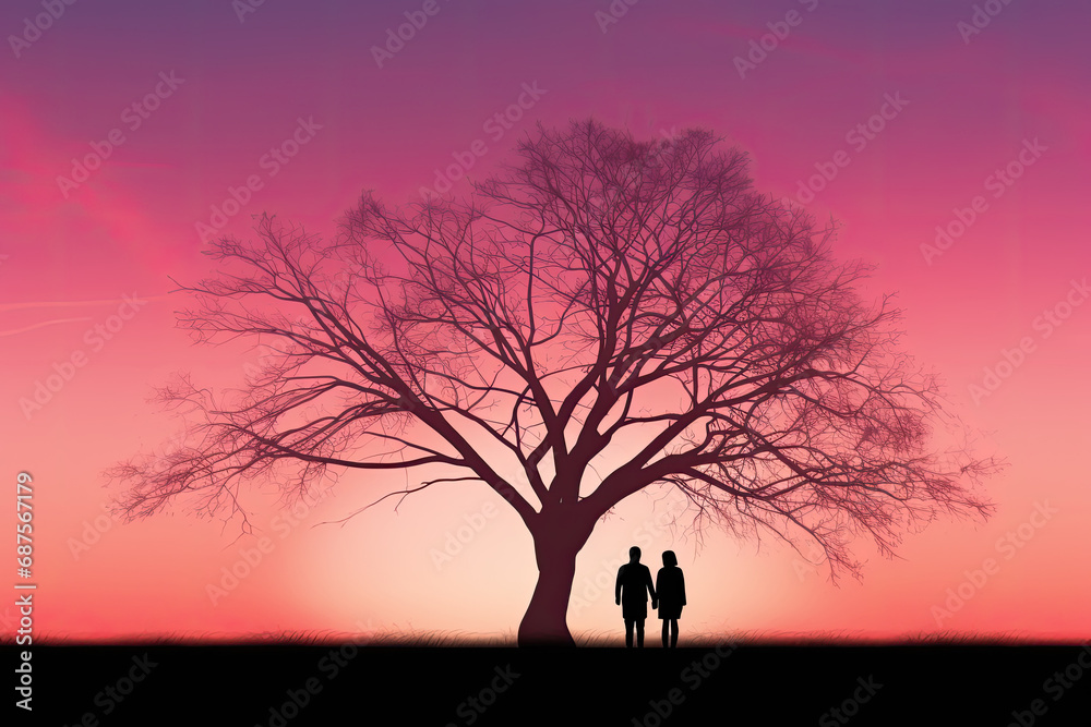 A silhouette of a loving couple holding hands, standing under a tree, against a stunning pink sunset sky