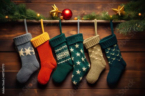 colorful christmas stockings hanging in front of a wooden wall with christmas decorations, christmas background, cozy athmosphere photo