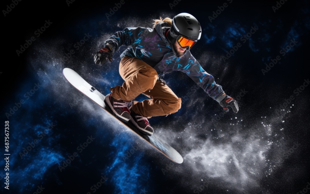 Generative AI image of Snowboarder performing a stylish grab trick mid-air