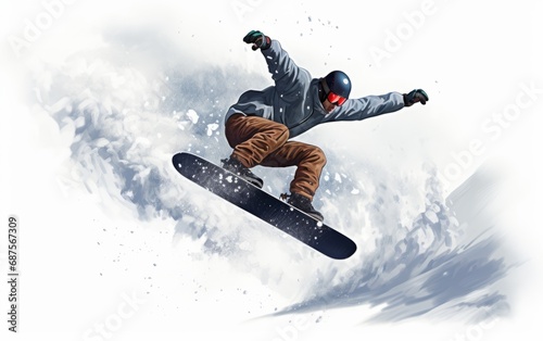 Generative AI image of Snowboarder performing a stylish grab trick mid-air