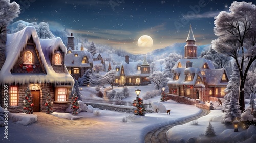 A winter village with charming cottages dusted with snow and twinkling holiday lights © rojar deved