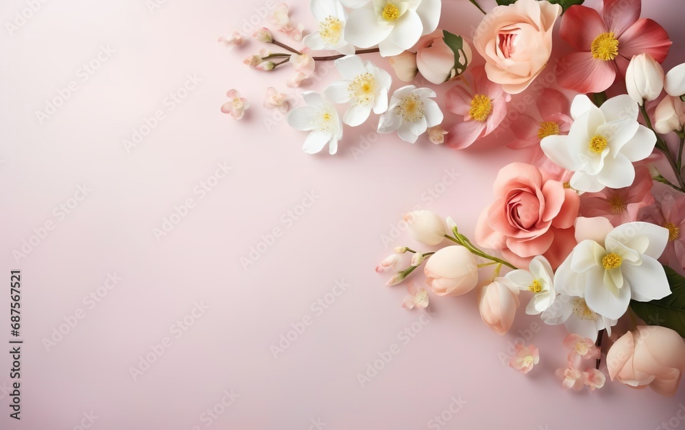 Happy Easter poster with bouquet of artificial spring flowers on pink background, copy space. Floral illustration, pastel colors. Spring design for posters, greeting cards. AI Generative.