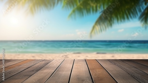 Dark wood floor top on blur tropical beach background, Advertisement, Print media, Illustration, Banner, for website, copy space, for word, template, presentation. © Space_Background