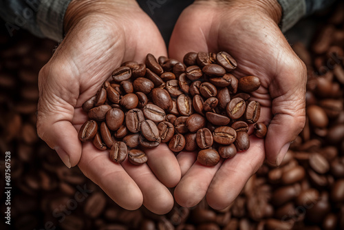 Close-up of farmer's hands holding coffee beans