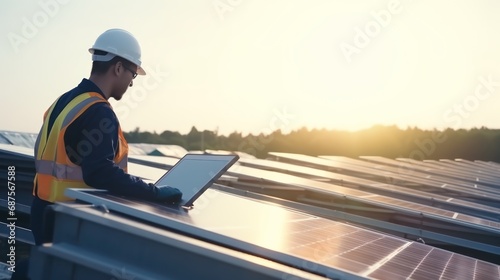 engineer with laptop and tablet maintenance checking installing solar roof panel on the factory rooftop