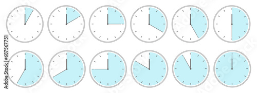 Cock faces with various time interval thin black line icons set vector illustration. Outline symbols of round chronometer showing deadline period in blue on dial, clock with minute and hour hands